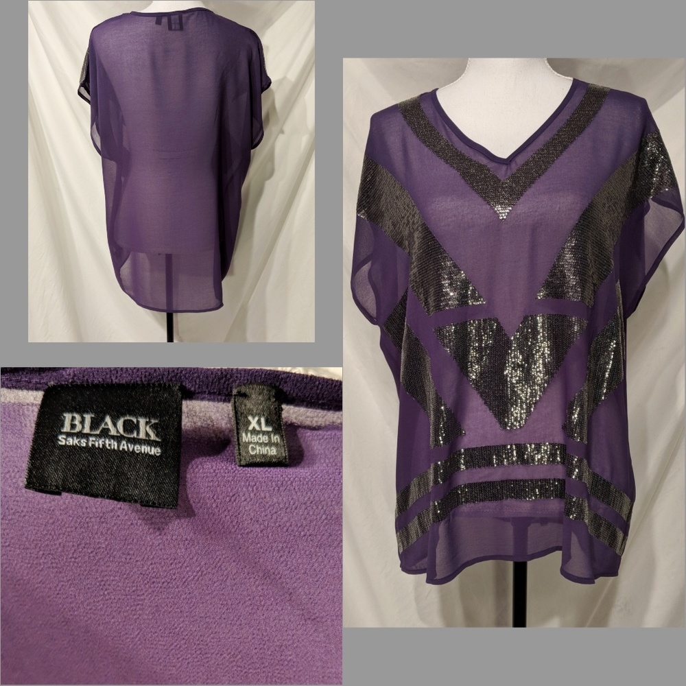 Saks Fifth Avenue Sheer Sequin Purple Top XL